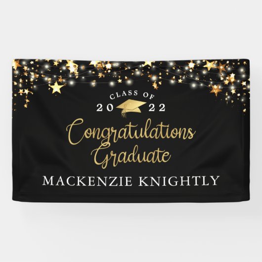 Banderoles Graduation Black Gold Stars Lights Confetti Script (Horizontal)