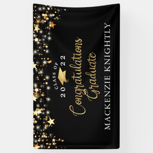 Banderoles Graduation Black Gold Stars Lights Confetti Script (Vertical)