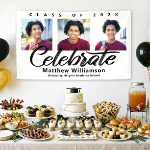 Banderoles Graduation blanche 3 Photo Bold Script noir minima