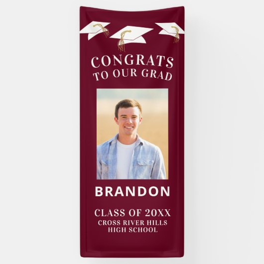 Banderoles Graduation Cap Toss GRATS GRAD Photo Maroon (Vertical)