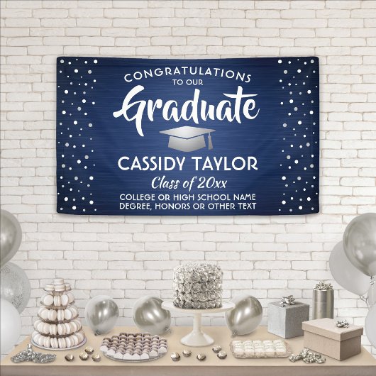 Banderoles Graduation Confetti Brossé Marine Bleu Blanc Argen