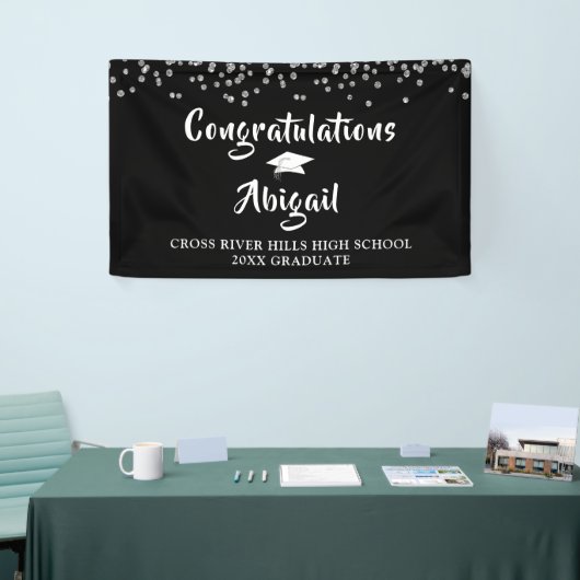Banderoles Graduation Confetti Brush Script noir et argent (Salon professionnel)