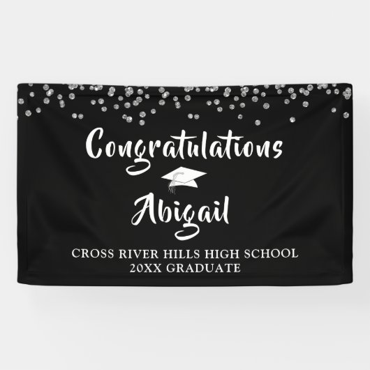 Banderoles Graduation Confetti Brush Script noir et argent (Horizontal)