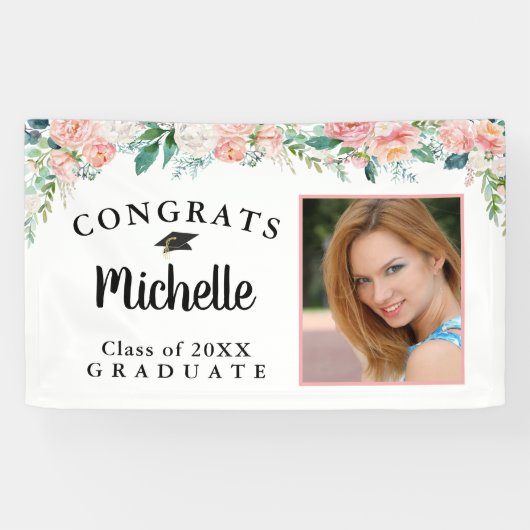 Banderoles Graduation Floral Rose Gold Script Photo (Horizontal)