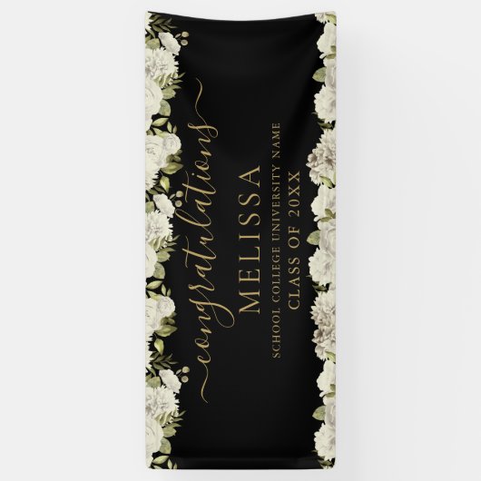 Banderoles Graduation Florale Blanche Noir Et Or Script (Vertical)