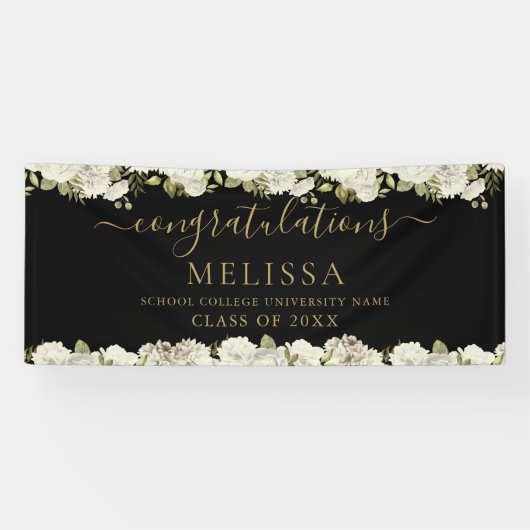 Banderoles Graduation Florale Blanche Noir Et Or Script (Horizontal)