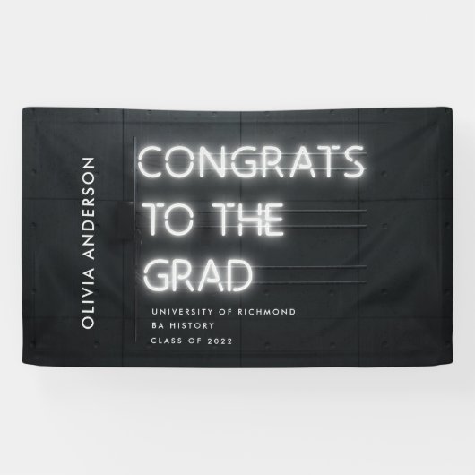 Banderoles Graduation néon noir blanc félicitations parti mod (Horizontal)