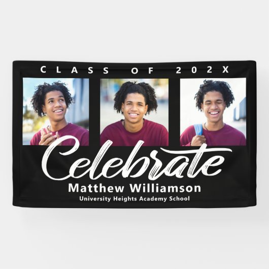 Banderoles Graduation Noire 3 Photo Gras Blanc Script Minimal (Horizontal)