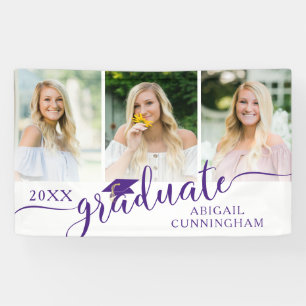 Banderoles Graduation Purple Fancy Script 3 Photo Collage