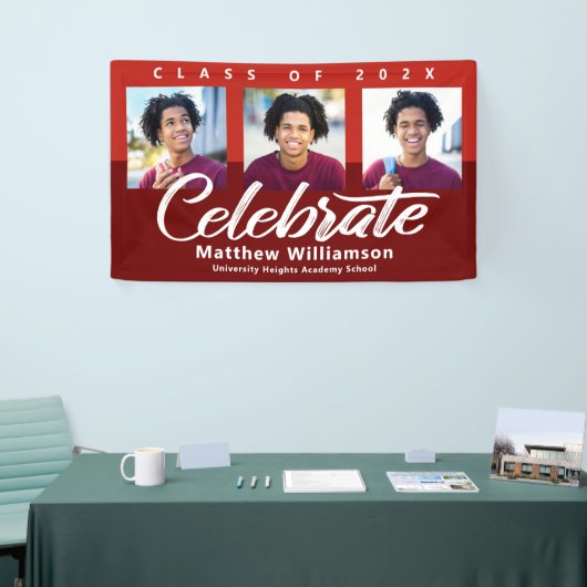 Banderoles Graduation rouge 3 Photo Bold Script moderne minim (Salon professionnel)