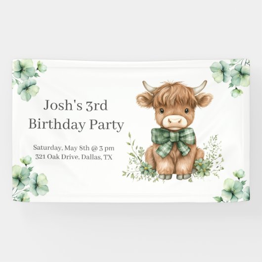 Banderoles Green Highland Cow fête d'anniversaire (Horizontal)