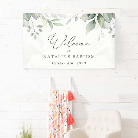 Banderoles Greenery, Eucalyptus Leaves, Boho, Baptism Welcome (En situation)