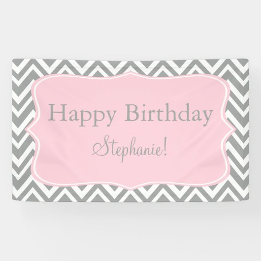 Banderoles Gris, blanc et pastel Pink Chevron Anniversaire (Horizontal)