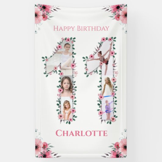 Banderoles Gros 11e anniversaire fille photo Collage Fleur ro (Vertical)