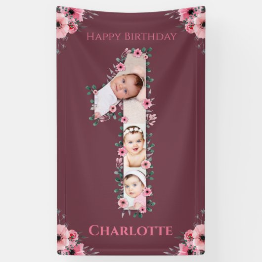 Banderoles Gros 1er anniversaire fille photo Collage Fleur ro (Vertical)