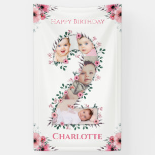 Banderoles Gros 2e anniversaire fille photo Collage Fleur ros
