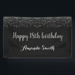 Banderoles Happy 18th Birthday Banner. Black Silver Glitter<br><div class="desc">Happy 18th Birthday Banner for women or man. Black and Silver Glitter Birthday Party Banner. Silver Glitter Confetti. Black and White Stripes. Printable Digital. For further customization,  please click the "Customize it" button and use our design tool to modify this template.</div>