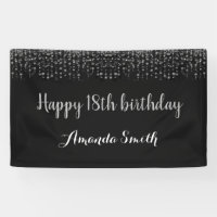 Happy 18th Birthday Banner. Black Silver Glitter
