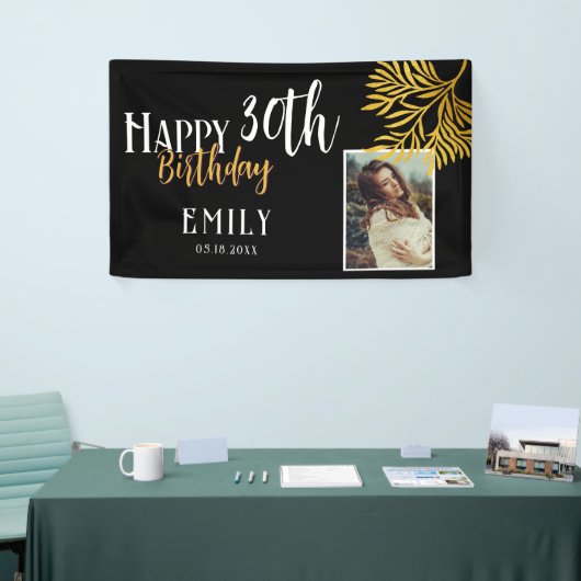 Banderoles Happy 30th Birthday Gold Foliage Photo Backdrop (Salon professionnel)