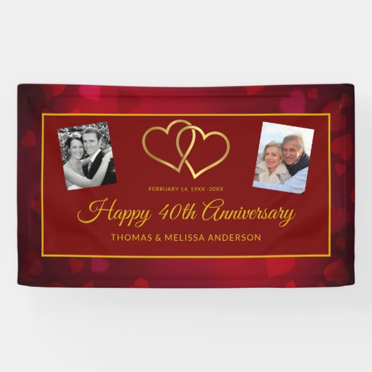 BANDEROLES HAPPY 40E ANNIVERSAIRE RUBY GOLD HEARTS & PHOTOS (Horizontal)