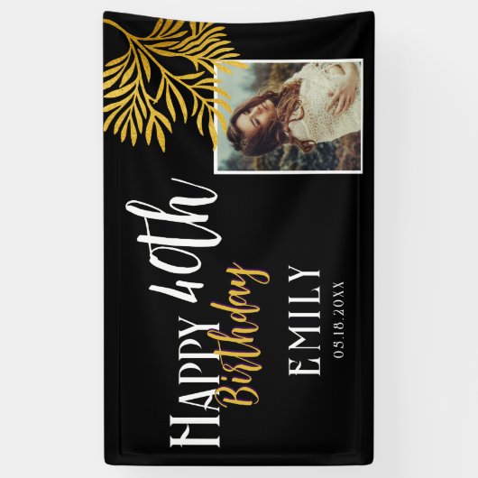 Banderoles Happy 40th Birthday Gold Foliage Photo Backdrop (Vertical)