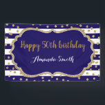 Banderoles Happy 50th Birthday Banner. Navy Blue Gold Glitter<br><div class="desc">Happy 50th Birthday Banner for women or man. Navy Blue and Gold Birthday Party Banner. Gold Glitter Confetti. Black and White Stripes. Printable Digital. For further customization,  please click the "Customize it" button and use our design tool to modify this template.</div>