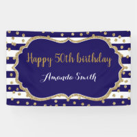 Happy 50th Birthday Banner. Navy Blue Gold Glitter