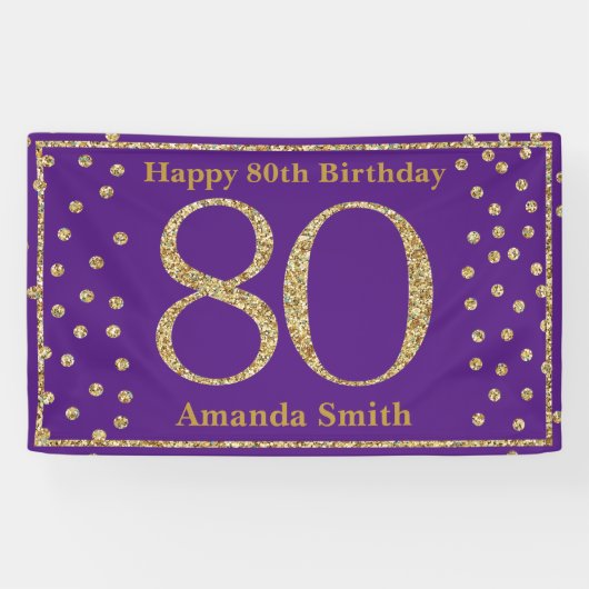 Banderoles Happy 80th Birthday Banner Purple and Gold Glitter (Horizontal)