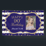 Banderoles Happy 90th Birthday Banner Navy Blue Gold Photo<br><div class="desc">Happy 90th Birthday Banner for women or man. Navy Blue and Gold Birthday Party Banner. Gold Glitter Confetti. Les Frères noirs et blancs. Printable Digital. For further customization,  please click the "Customize it" button and use our design tool to modify this template.</div>