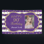 Banderoles Happy 90th Birthday Banner Purple Gold Photo<br><div class="desc">Happy 90th Birthday Banner for women or man. Purple and Gold Birthday Party Banner. Gold Glitter Confetti. Les Frères noirs et blancs. Printable Digital. For further customization,  please click the "Customize it" button and use our design tool to modify this template.</div>
