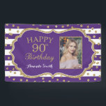 Banderoles Happy 90th Birthday Banner Purple Gold Photo<br><div class="desc">Happy 90th Birthday Banner for women or man. Purple and Gold Birthday Party Banner. Gold Glitter Confetti. Les Frères noirs et blancs. Printable Digital. For further customization,  please click the "Customize it" button and use our design tool to modify this template.</div>