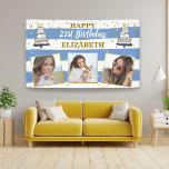 Banderoles Happy Birthday Any Age Photo Collage Blue Gold Dot<br><div class="desc">Celebrate the birthday girl with this awesome banner featuring 3 of her photos set against a fun blue and white striped background accented with faux gold polka dots and hand drawn birthday cakes.  Add her name and age to customize.  Perfect for any age birthday celebration.</div>