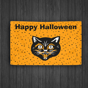 Banderoles Happy Halloween Vintage Chat noir Face Star Orange
