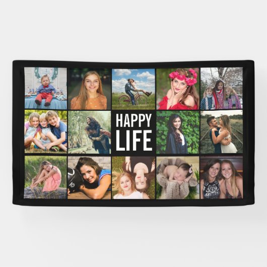 Banderoles Happy Life Photo Collage Black Custom Banner (Horizontal)