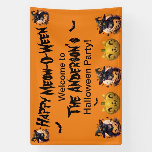 Banderoles Happy Meow-O-Ween Chat Noir Jack-o-Lantern Orange (Verticale)