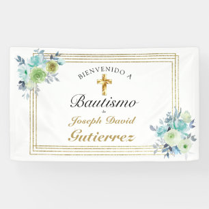 BANDEROLES HERMOSO BAUTIZO BEBÉ CRUZADO DE ORO FLORAL AZUL
