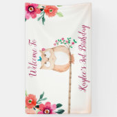 Banderoles Hibou mignon et anniversaire floral rose (Vertical)