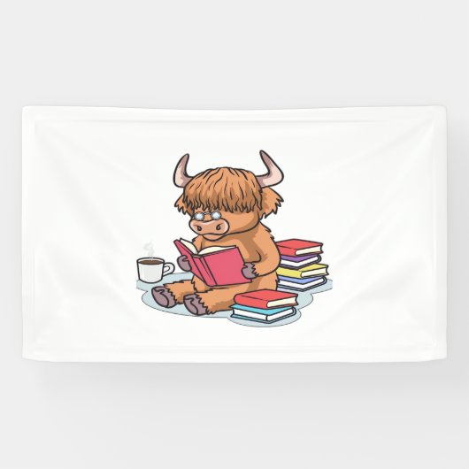 Banderoles Highland Cattle Cow Lire les livres Boire Café Cla (Horizontal)