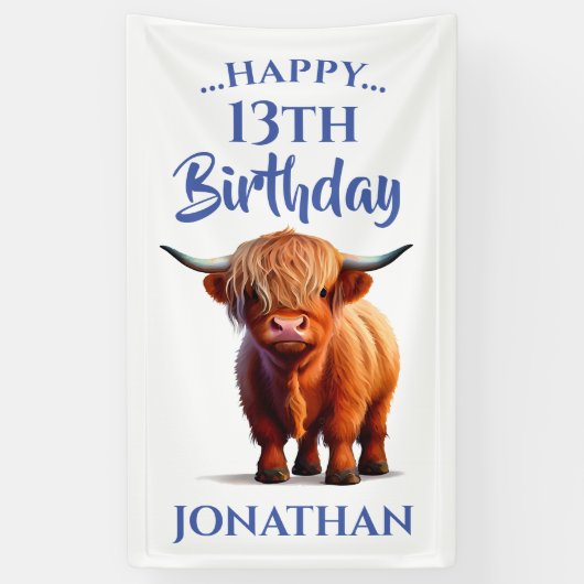 Banderoles Highland Cow Blue Joyeux anniversaire (Vertical)