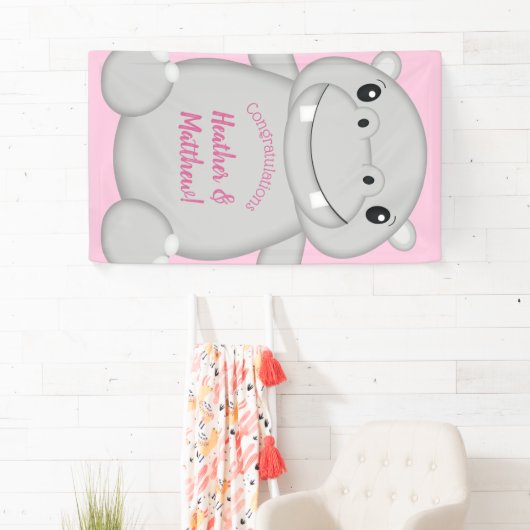 Banderoles Hippo Baby shower rose (En situation)