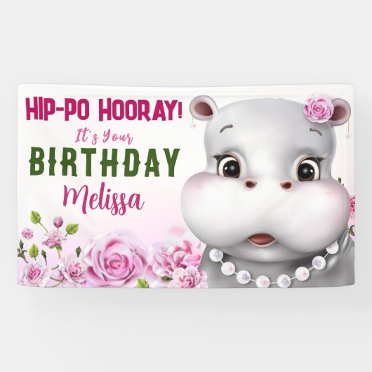 Banderoles Hippo rose florale fille anniversaire (Horizontal)