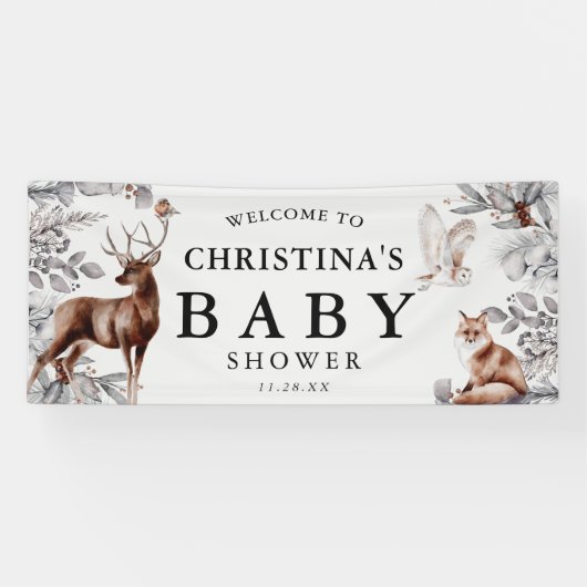 Banderoles Hiver Bois Animaux Baby shower d'aquarelle (Horizontal)