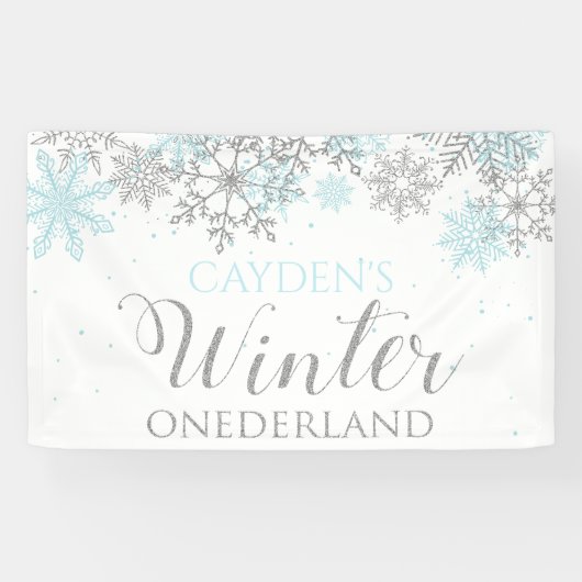 Banderoles Hiver Onederland Bleu Argent Neige Premier anniver (Horizontal)