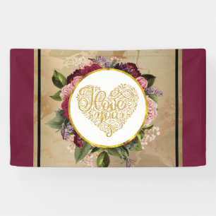 Banderoles I Love You Fancy Golden Heart with Floral Frame