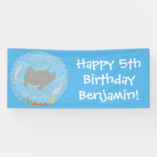 Banderoles Illustration d'une mignonne raie manta et de bulle (Horizontal)