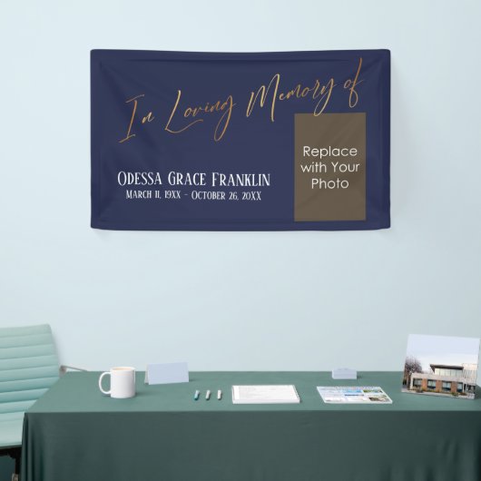 Banderoles In Love Memory of Gold Navy Blue avec espace photo (Salon professionnel)