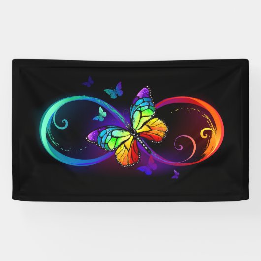 Banderoles Infini vibrant avec papillon arc-en-ciel sur noir (Horizontal)