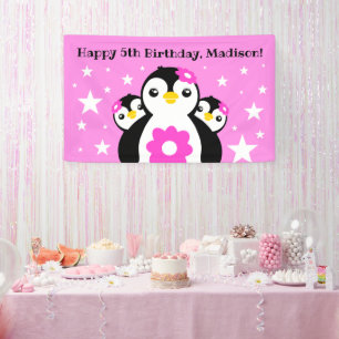 Banderoles Joli Anniversaire Pingouins Fleurs Roses