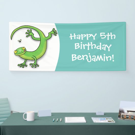 Banderoles Joli gecko vert salutations avec dessin animé (Salon professionnel)