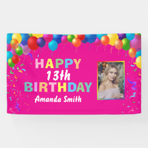 Banderoles Joyeux 13e anniversaire ballons colorés rose chau
